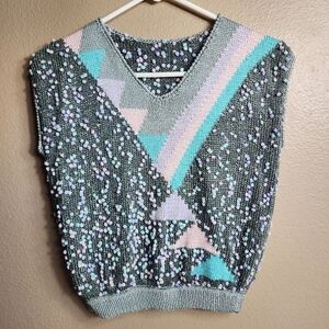 Handmade Womens Gray Geometric Bobble-Knit Pullover Vest-Size S